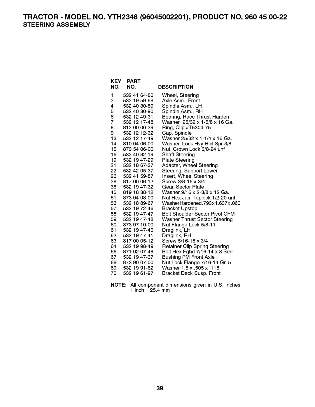 Husqvarna 532 43 62-68, 96045002201 owner manual 532 41 Wheel, Steering 532 19 