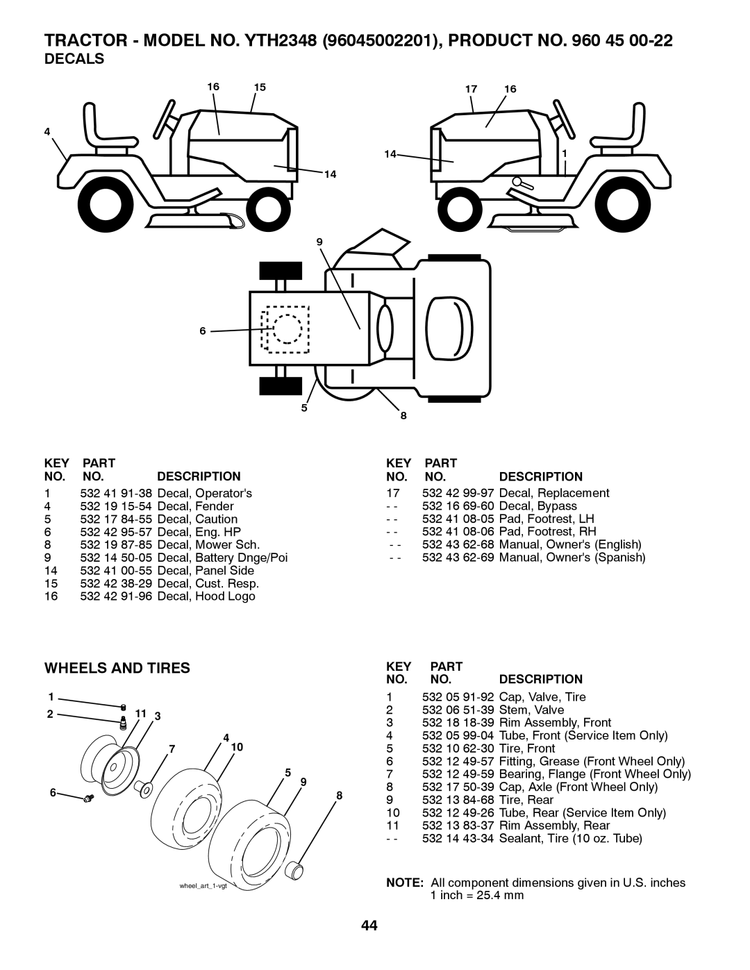 Husqvarna 96045002201, 532 43 62-68 owner manual Decals, Wheels and Tires 