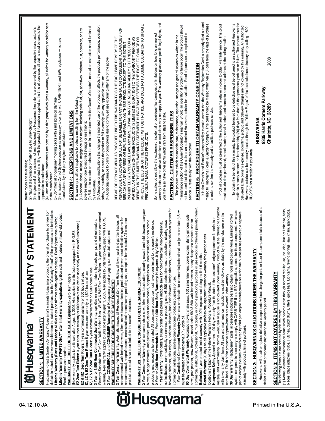 Husqvarna 96045002201, 532 43 62-68 owner manual Warranty Statement 