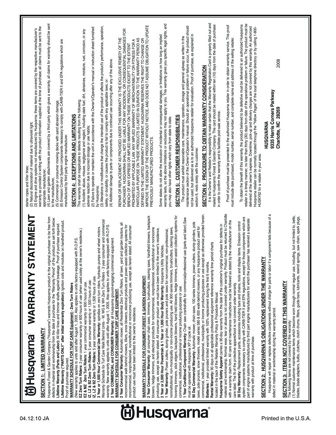 Husqvarna 96045002201 Warranty Statement, 2008, Charlotte, NC, Warranty Schedule For Consumer Turf Care Equipment 