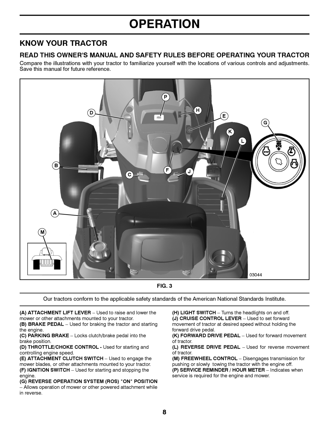 Husqvarna 96045002201 Know Your Tractor, P Dh E, B A M, G K L Cf J, G Reverse Operation System Ros On Position 