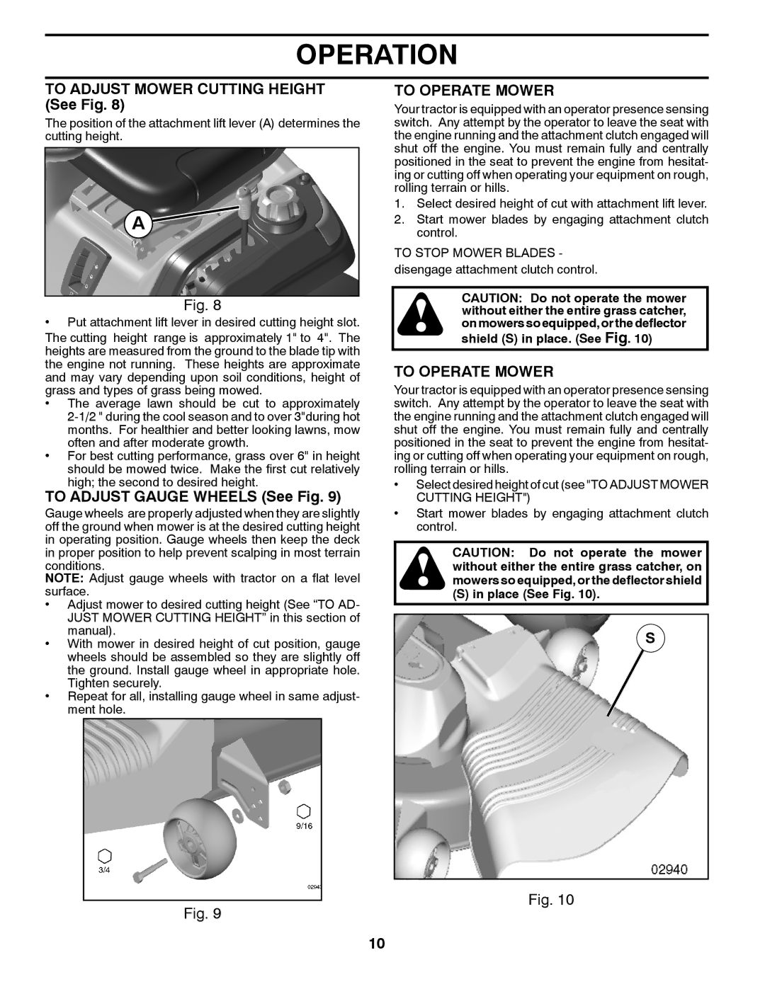 Husqvarna 96045002202 owner manual To Adjust Mower Cutting Height See Fig, To Adjust Gauge Wheels See Fig, To Operate Mower 