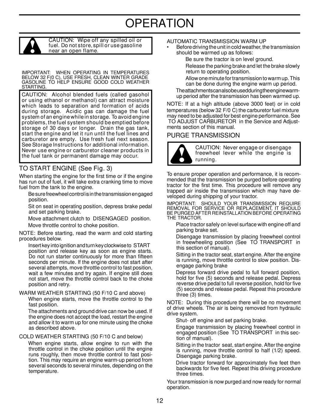 Husqvarna 96045002202, 532 43 65-03 To Start Engine See Fig, Purge Transmission, Automatic Transmission Warm UP, Running 
