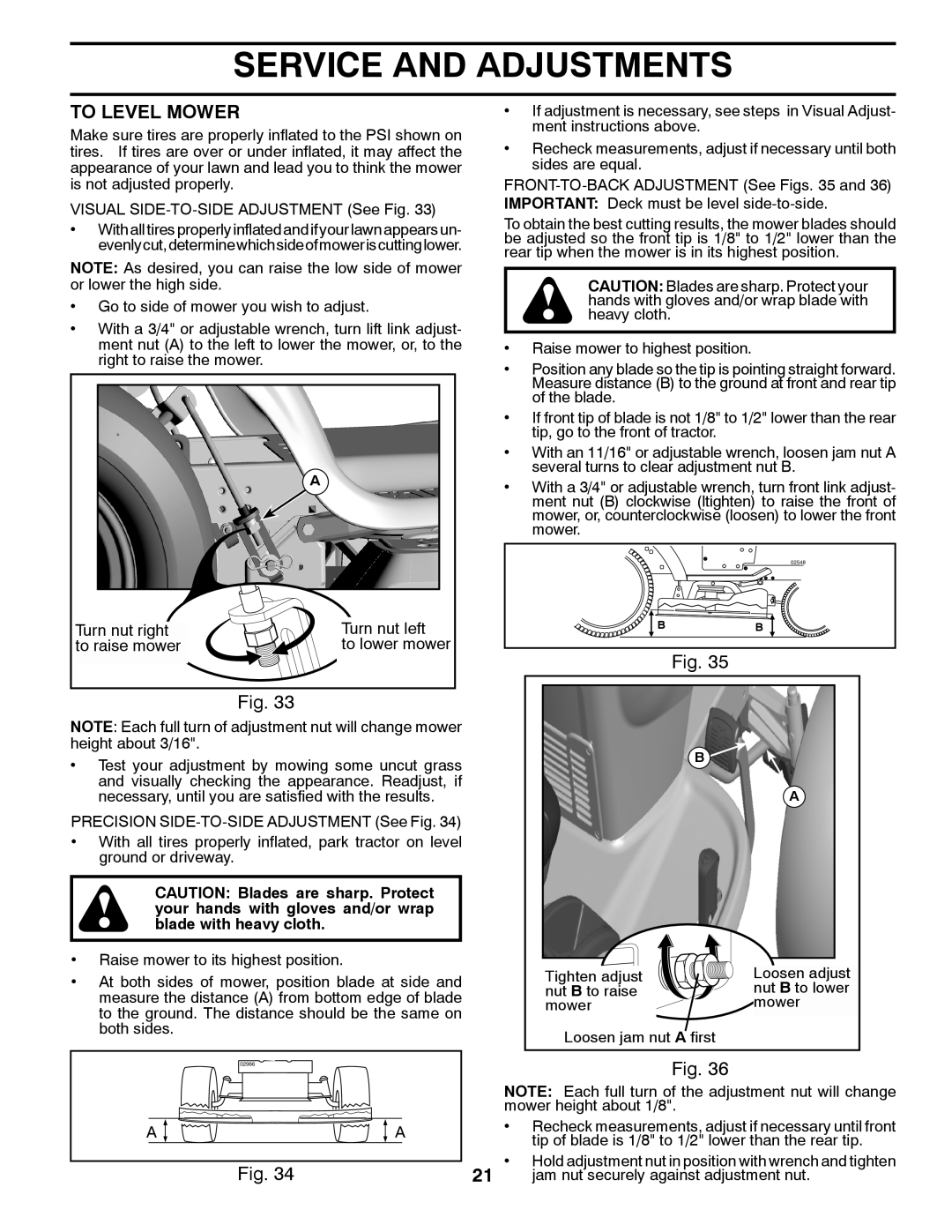 Husqvarna 532 43 65-03, 96045002202 owner manual To Level Mower, Turn nut right Turn nut left To raise mower 