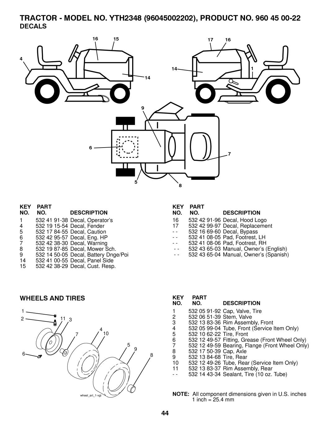 Husqvarna 96045002202, 532 43 65-03 owner manual Decals, Wheels and Tires 