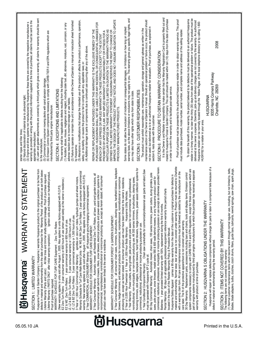 Husqvarna 96045002202, 532 43 65-03 owner manual Warranty Statement 