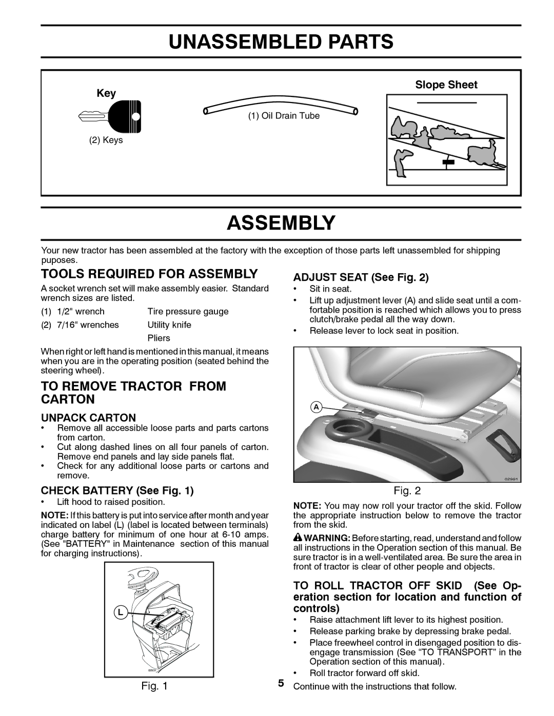 Husqvarna 532 43 65-03, 96045002202 Unassembled Parts, Tools Required for Assembly, To Remove Tractor from Carton 