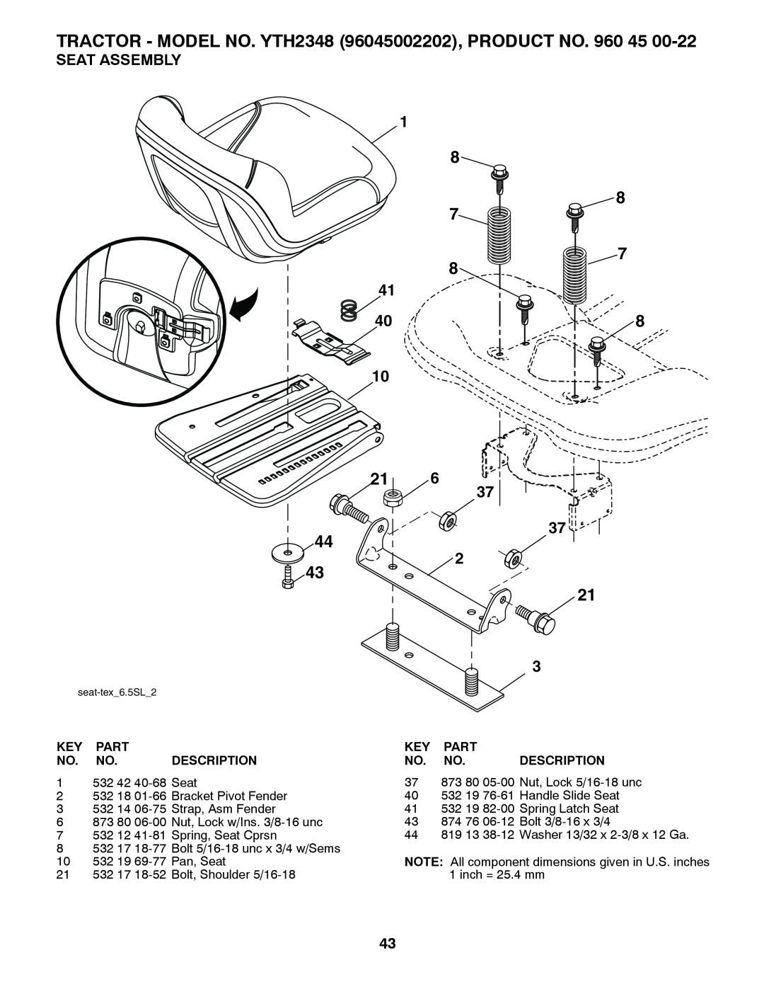 Husqvarna 532 43 65-03 Seat Assembly, TRACTOR - MODEL NO. YTH2348 96045002202, PRODUCT NO. 960, Part, Description 