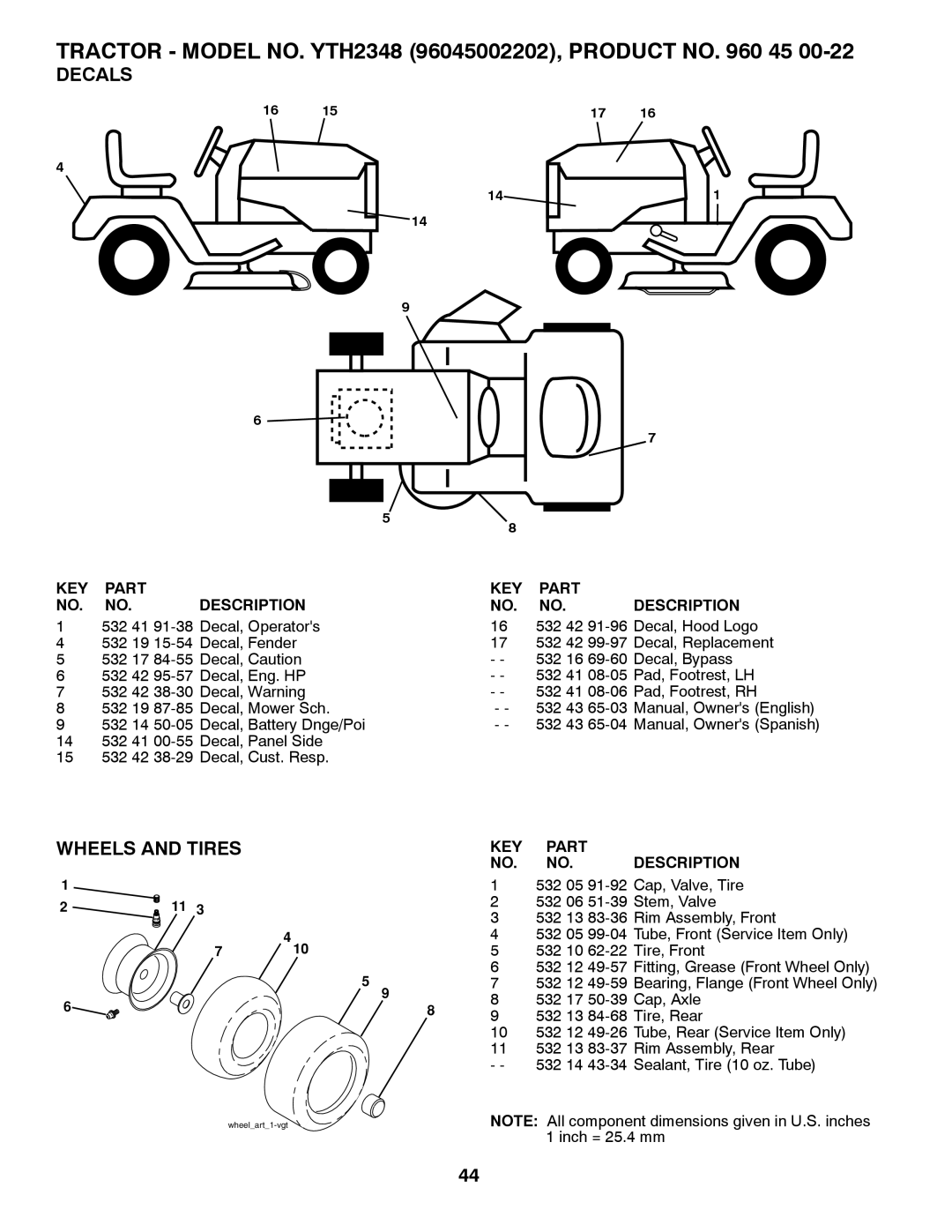 Husqvarna 532 43 65-03 owner manual Decals, Wheels And Tires, TRACTOR - MODEL NO. YTH2348 96045002202, PRODUCT NO. 960 