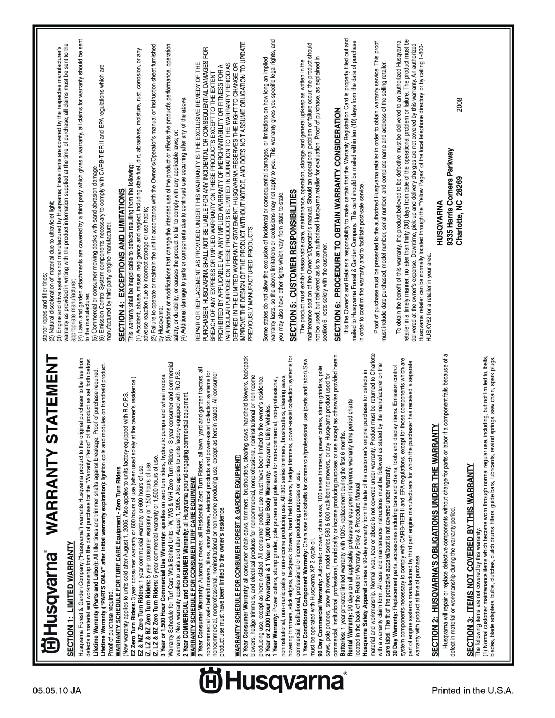 Husqvarna 96045002202 Warranty Statement, 2008, Charlotte, NC, Warranty Schedule For Consumer Turf Care Equipment 
