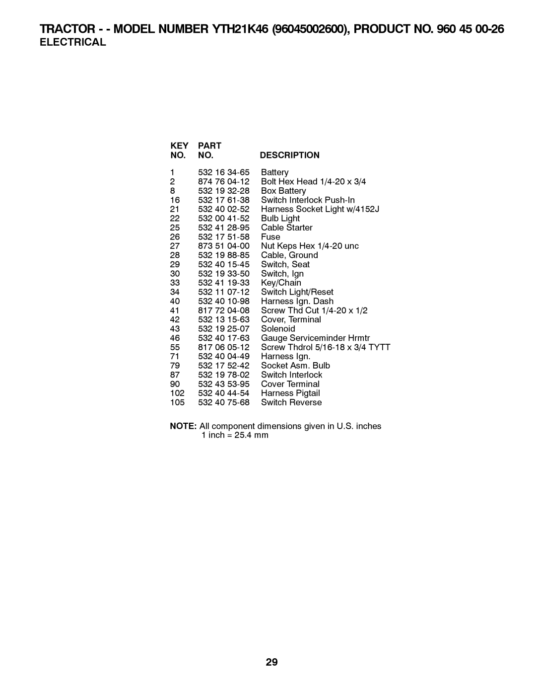 Husqvarna 532 43 95-58, 96045002600 owner manual KEY Part Description 