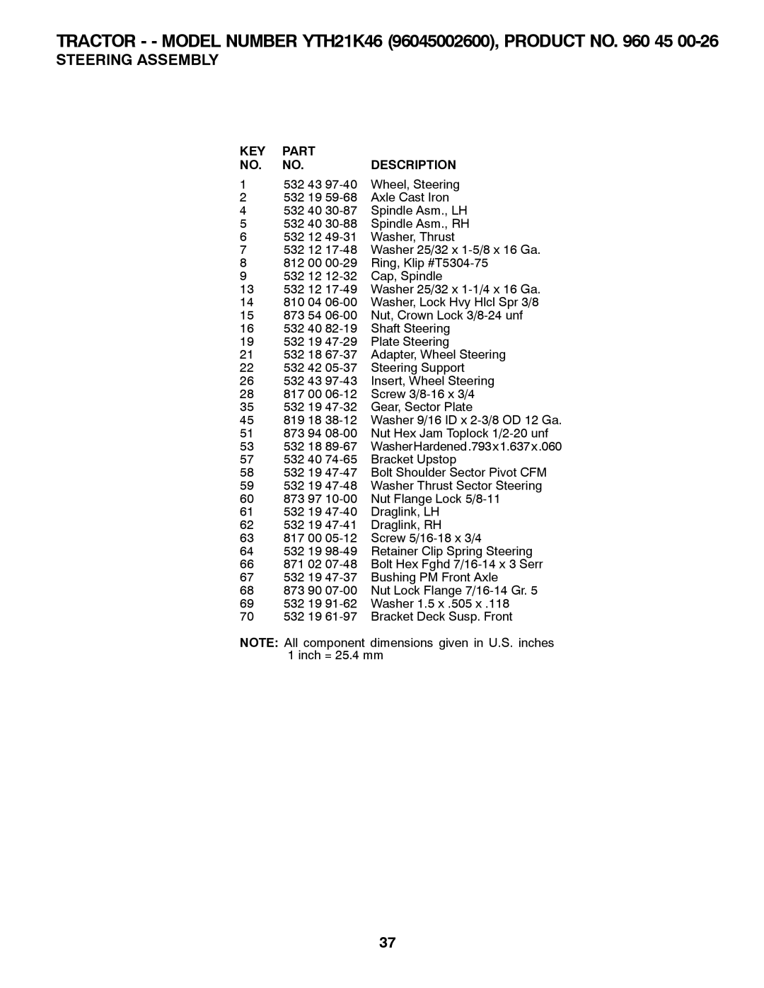 Husqvarna 532 43 95-58 owner manual Tractor - Model Number YTH21K46 96045002600, Product no 45 