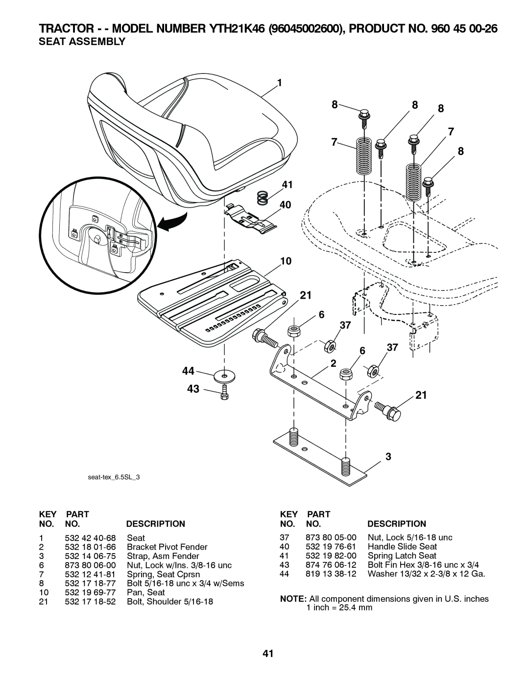 Husqvarna 532 43 95-58, 96045002600 owner manual Seat Assembly, 532 42 Seat 