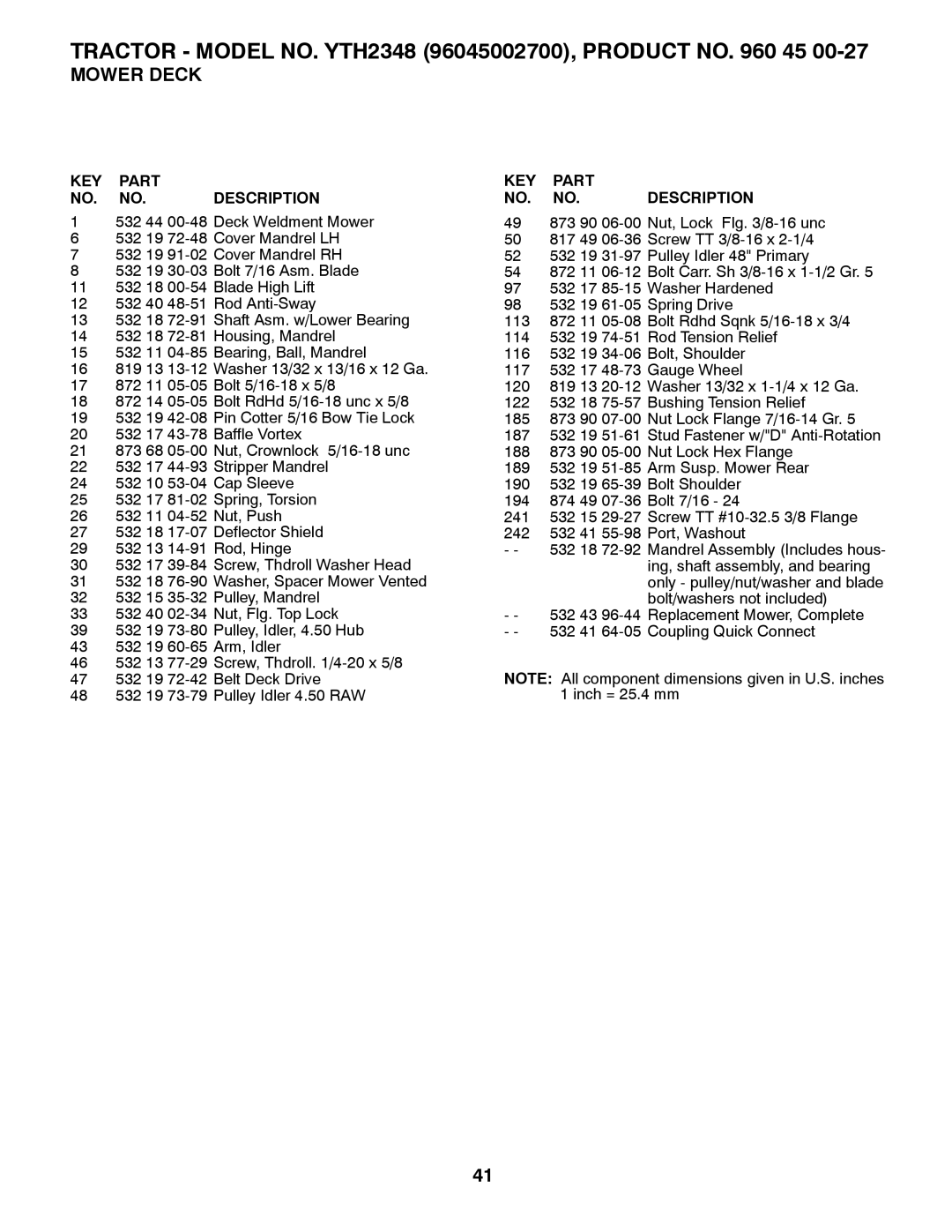 Husqvarna 532 43 86-44, 96045002700 owner manual KEY Part NO. NO. Description 