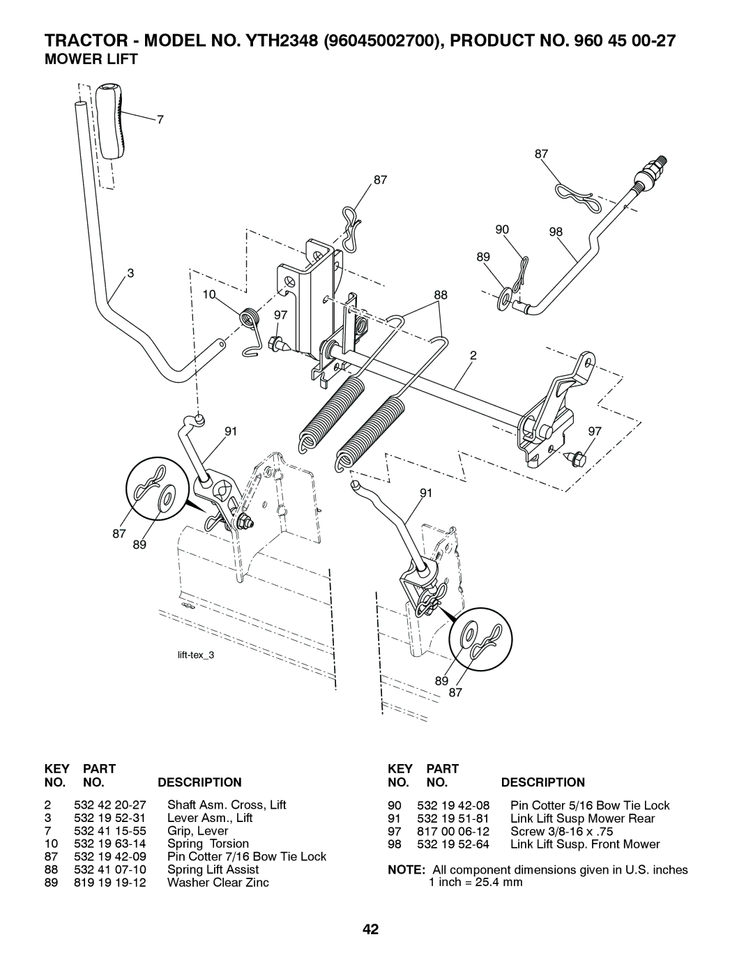 Husqvarna 96045002700, 532 43 86-44 owner manual Mower Lift, KEY Part Description 