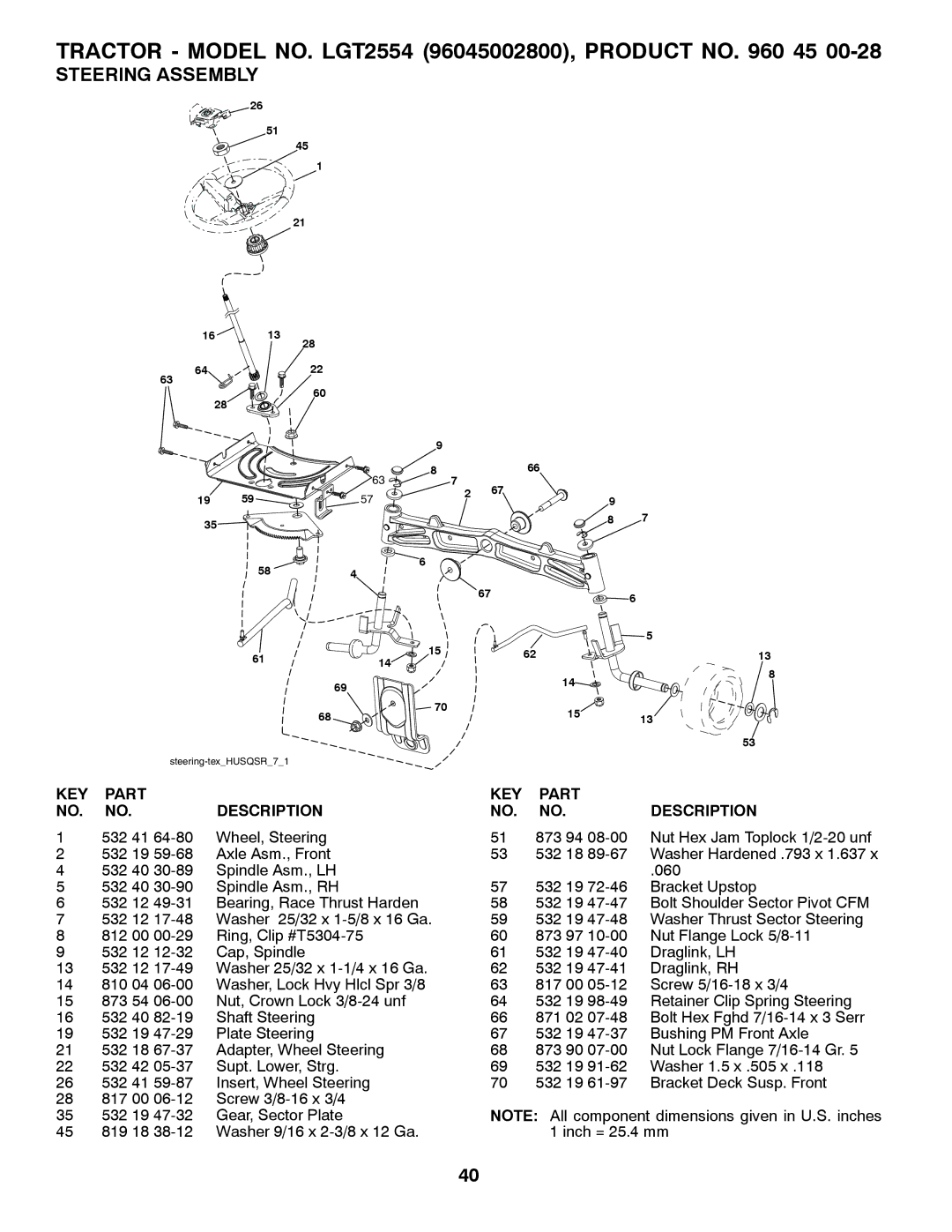 Husqvarna 96045002800, 532 44 00-55 owner manual Steering Assembly 