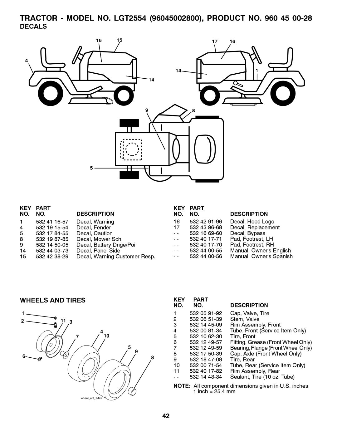 Husqvarna 96045002800, 532 44 00-55 owner manual Decals, Wheels and Tires 