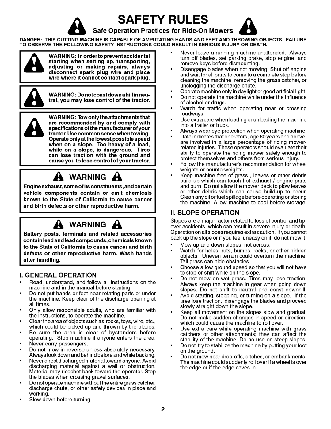 Husqvarna 96045002800 Safety Rules, Safe Operation Practices for Ride-OnMowers, I. General Operation, Ii. Slope Operation 