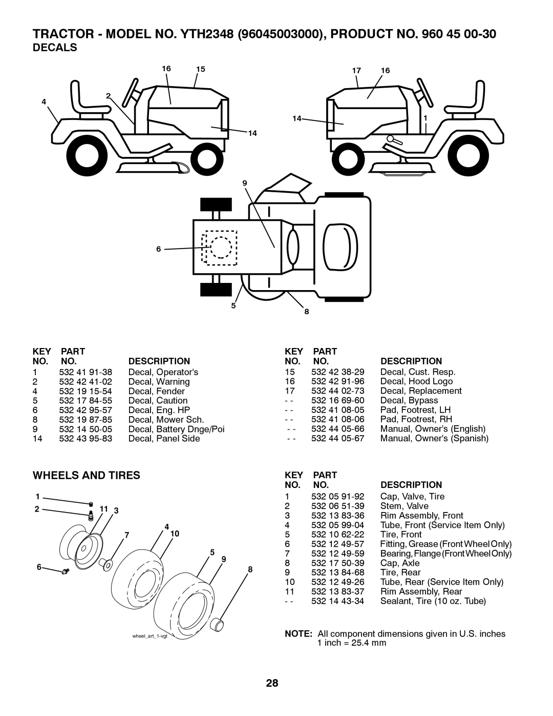 Husqvarna 96045003000, 532 44 05-66 owner manual Decals, Wheels and Tires, KEY Part Description 