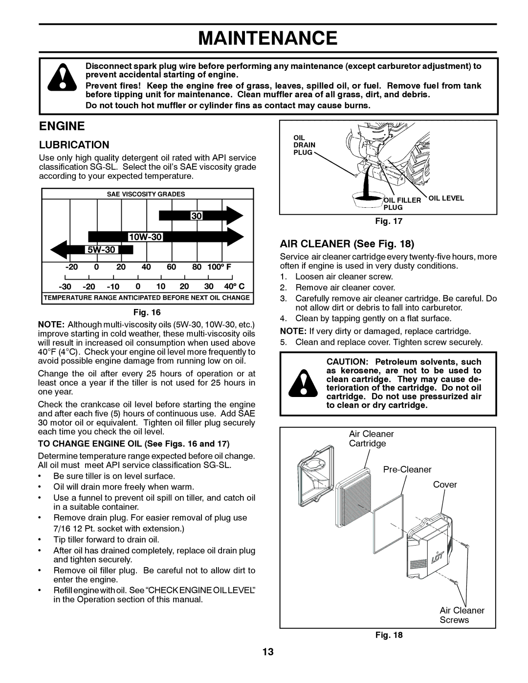 Husqvarna 96093000901 owner manual Engine, AIR Cleaner See Fig 