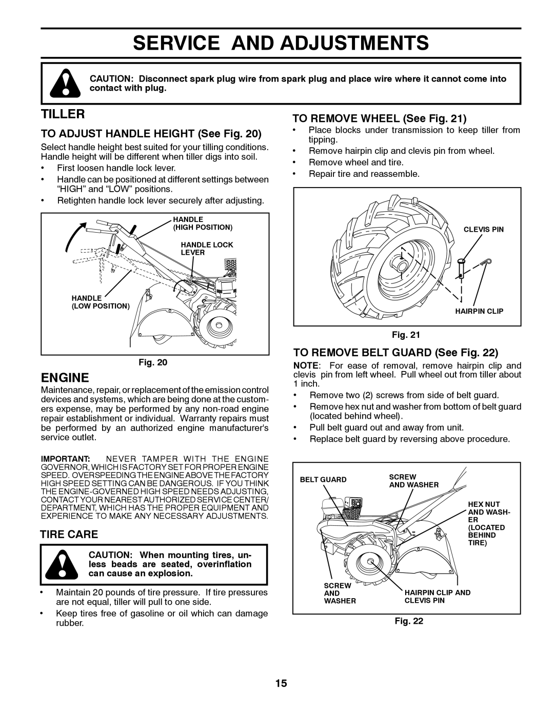 Husqvarna 96093000901 owner manual Service and Adjustments, Tiller, Tire Care 