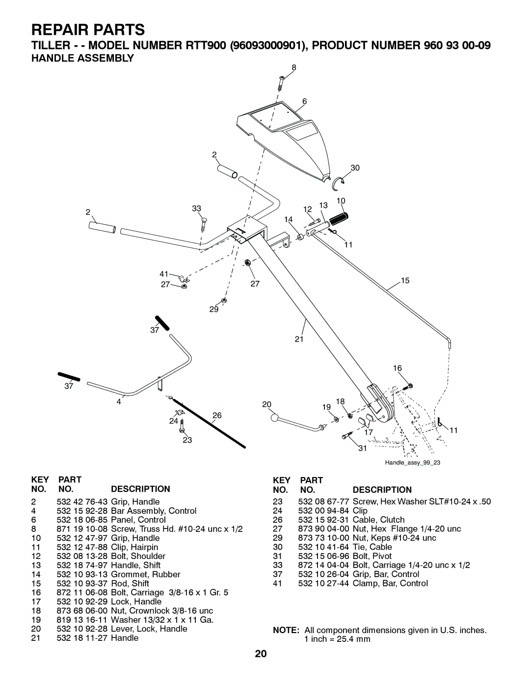 Husqvarna 96093000901 owner manual Repair Parts, Handle Assembly 