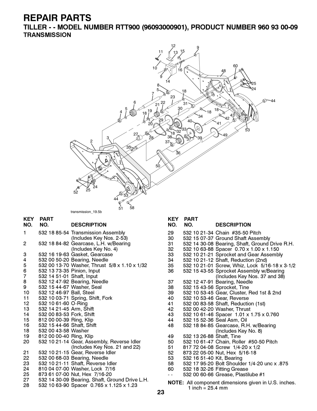 Husqvarna 96093000901 owner manual Transmission19.5b 