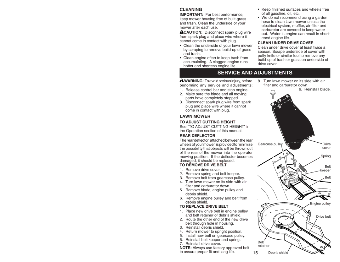 Husqvarna 532 41 44-89 Service and Adjustments, Cleaning, Rear Deflector, To Remove Drive Belt, To Replace Drive Belt 