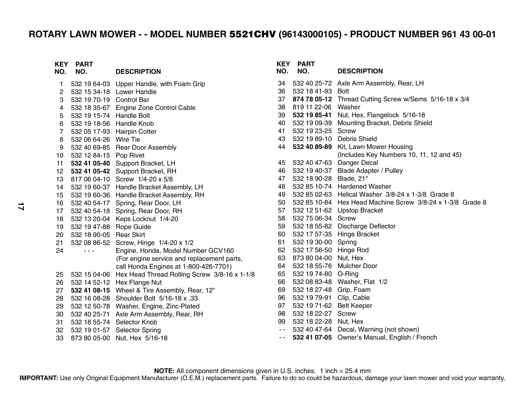 Husqvarna 961330018 owner manual KEY Part Description 