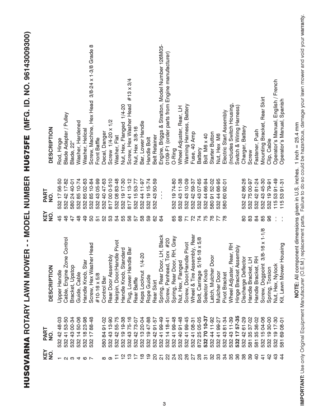 Husqvarna 961430093 manual KEY Part Description 