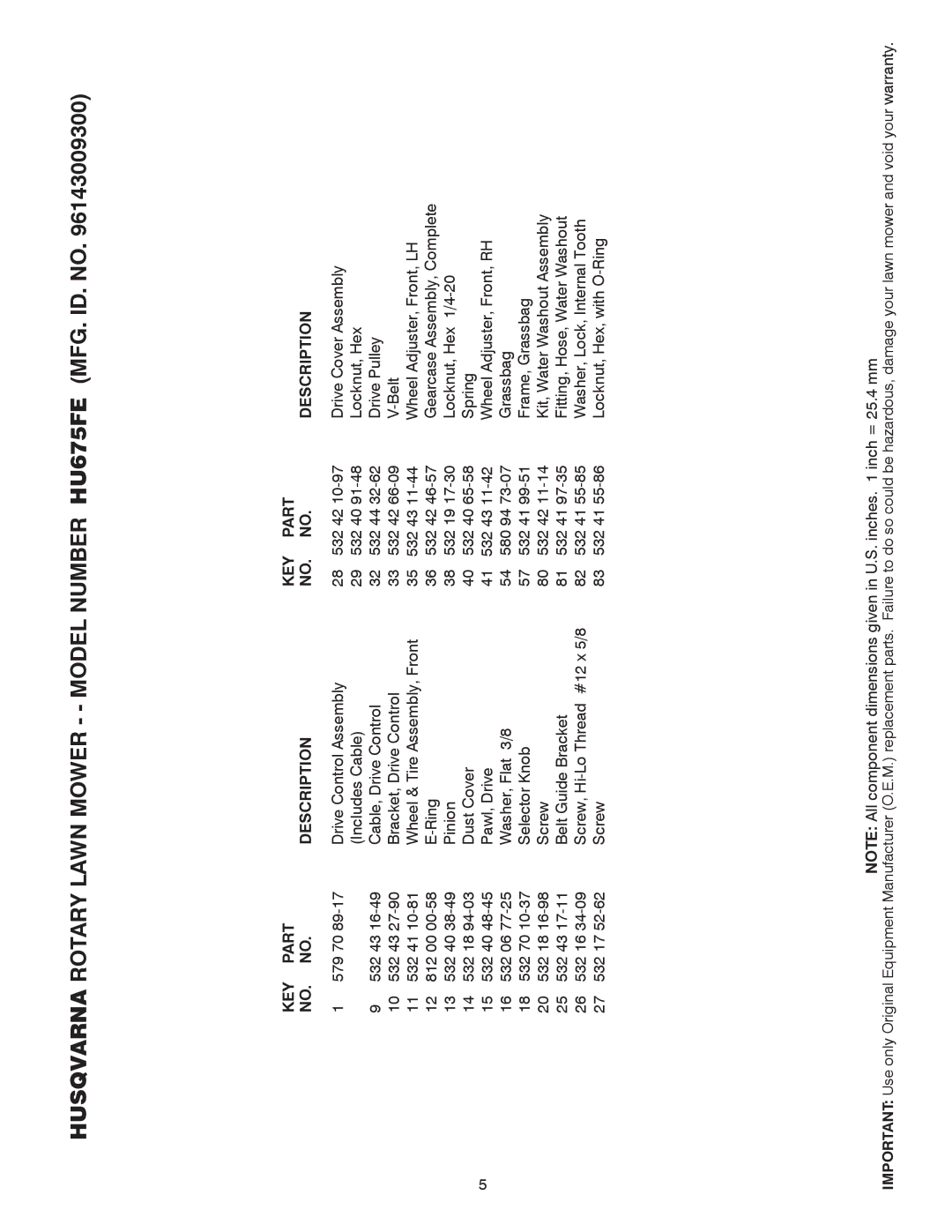 Husqvarna 961430093 manual KEY Part Description 