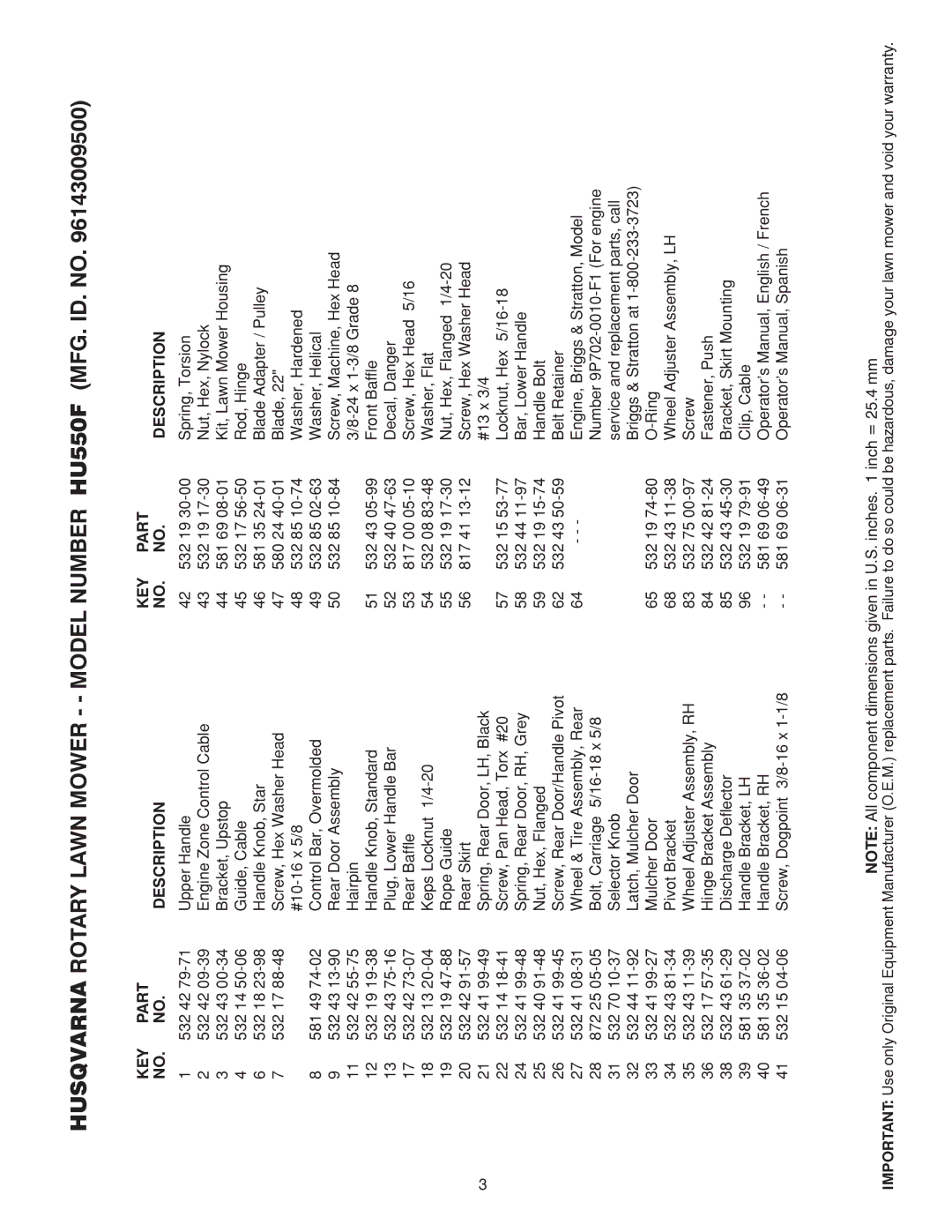 Husqvarna 961430095 manual KEY Part Description 