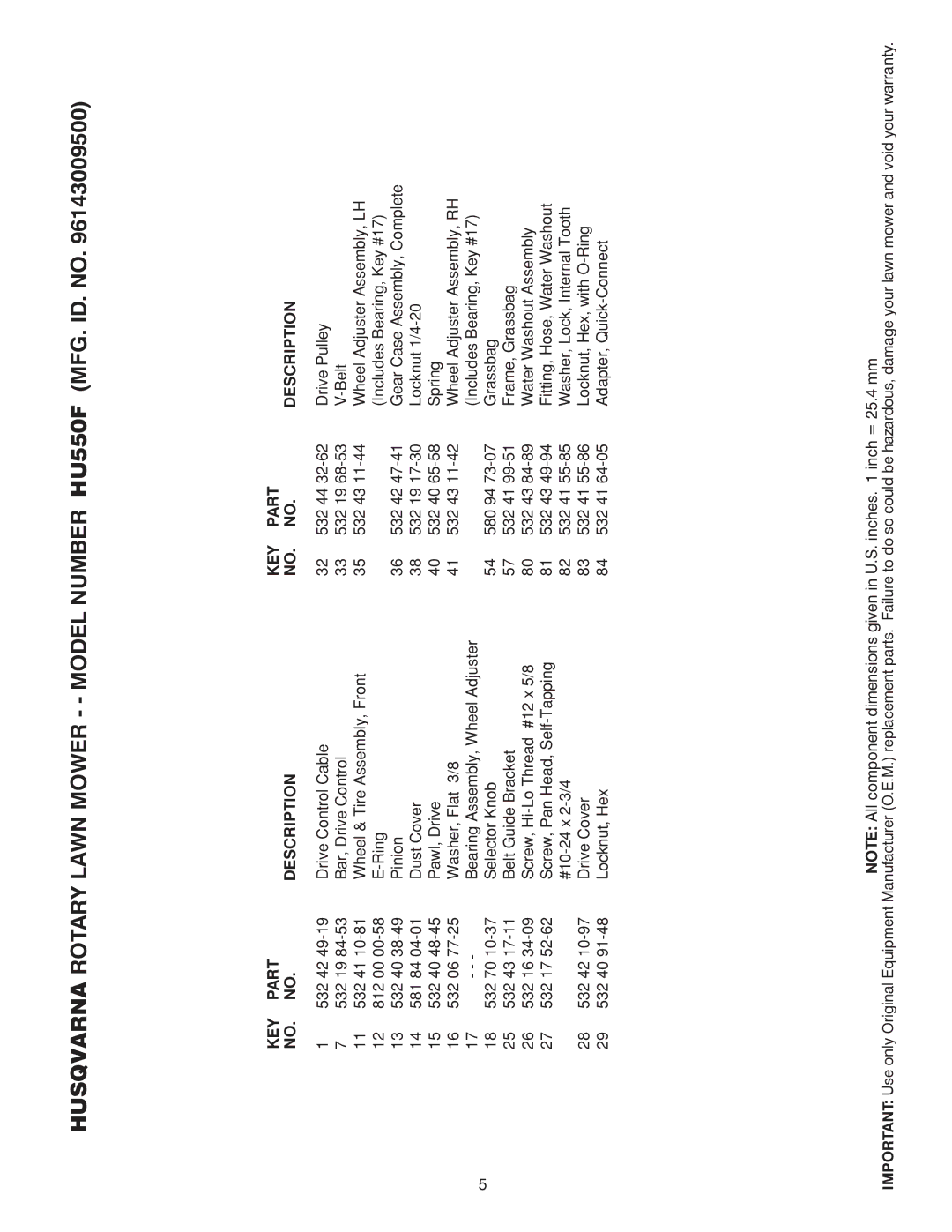 Husqvarna 961430095 manual KEY Part Description 