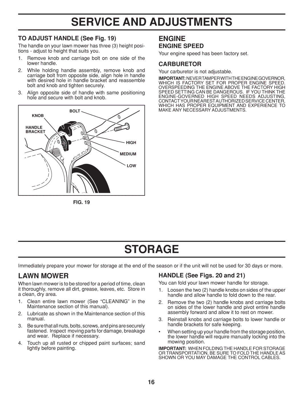 Husqvarna 961430096 warranty Storage, To Adjust Handle See Fig, Carburetor, Handle See Figs 