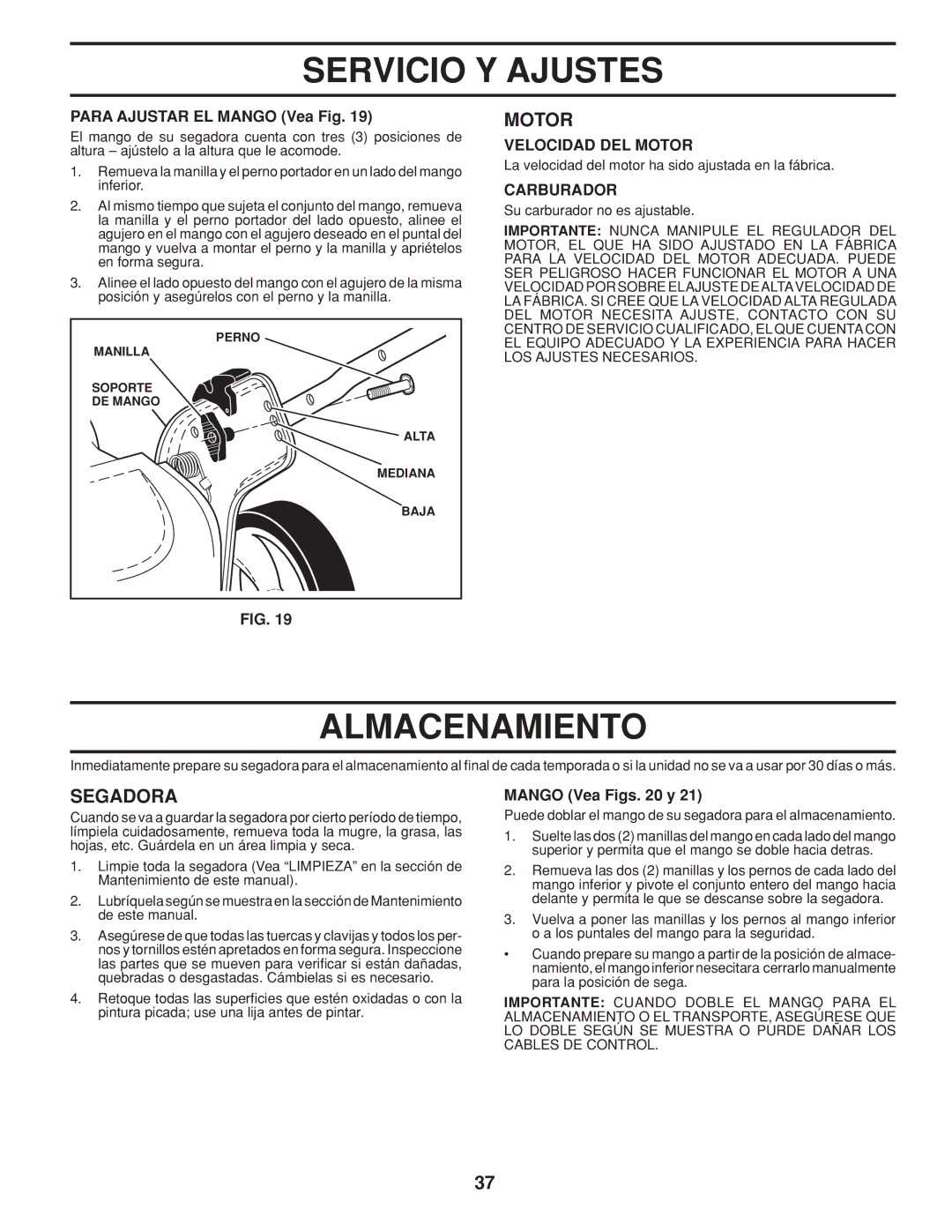 Husqvarna 961430096 warranty Almacenamiento, Para Ajustar EL Mango Vea Fig, Carburador, Mango Vea Figs y 