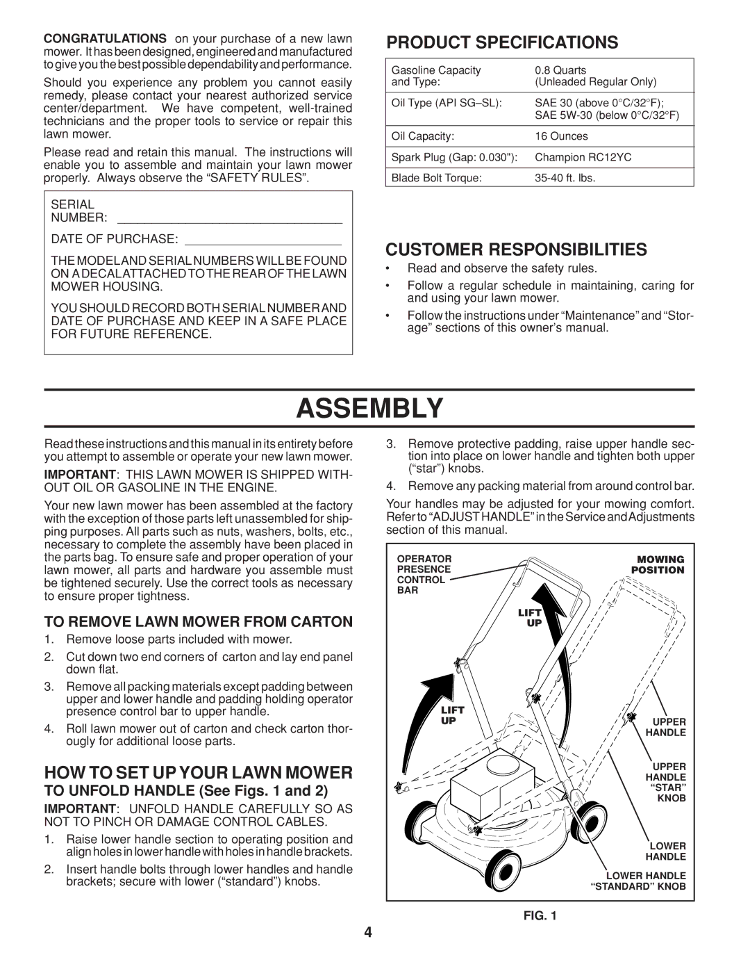 Husqvarna 961430096 warranty Assembly, Product Specifications, Customer Responsibilities, HOW to SET UP Your Lawn Mower 