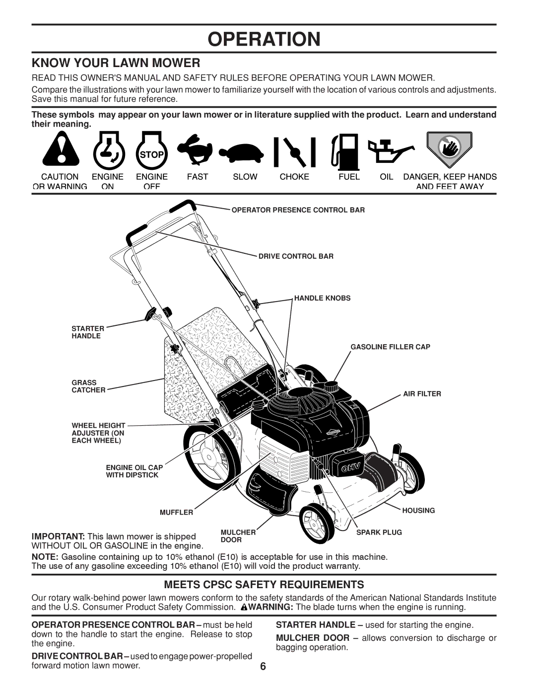 Husqvarna 961430096 warranty Operation, Know Your Lawn Mower, Meets Cpsc Safety Requirements 