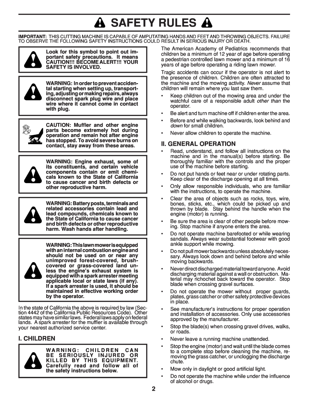 Husqvarna 961430096 warranty Safety Rules, I. Children, Ii. General Operation 