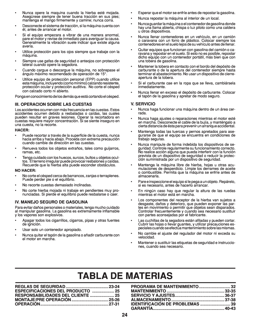 Husqvarna 961430096 Tabla De Materias, Iii. Operacion Sobre Las Cuestas, Iv. Manejo Seguro De Gasolina, V. Servicio, 23-24 