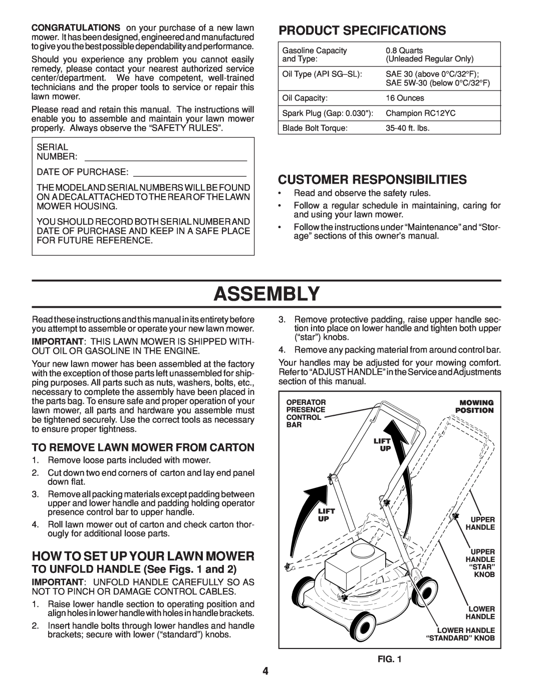 Husqvarna 961430096 warranty Assembly, Product Specifications, Customer Responsibilities, How To Set Up Your Lawn Mower 