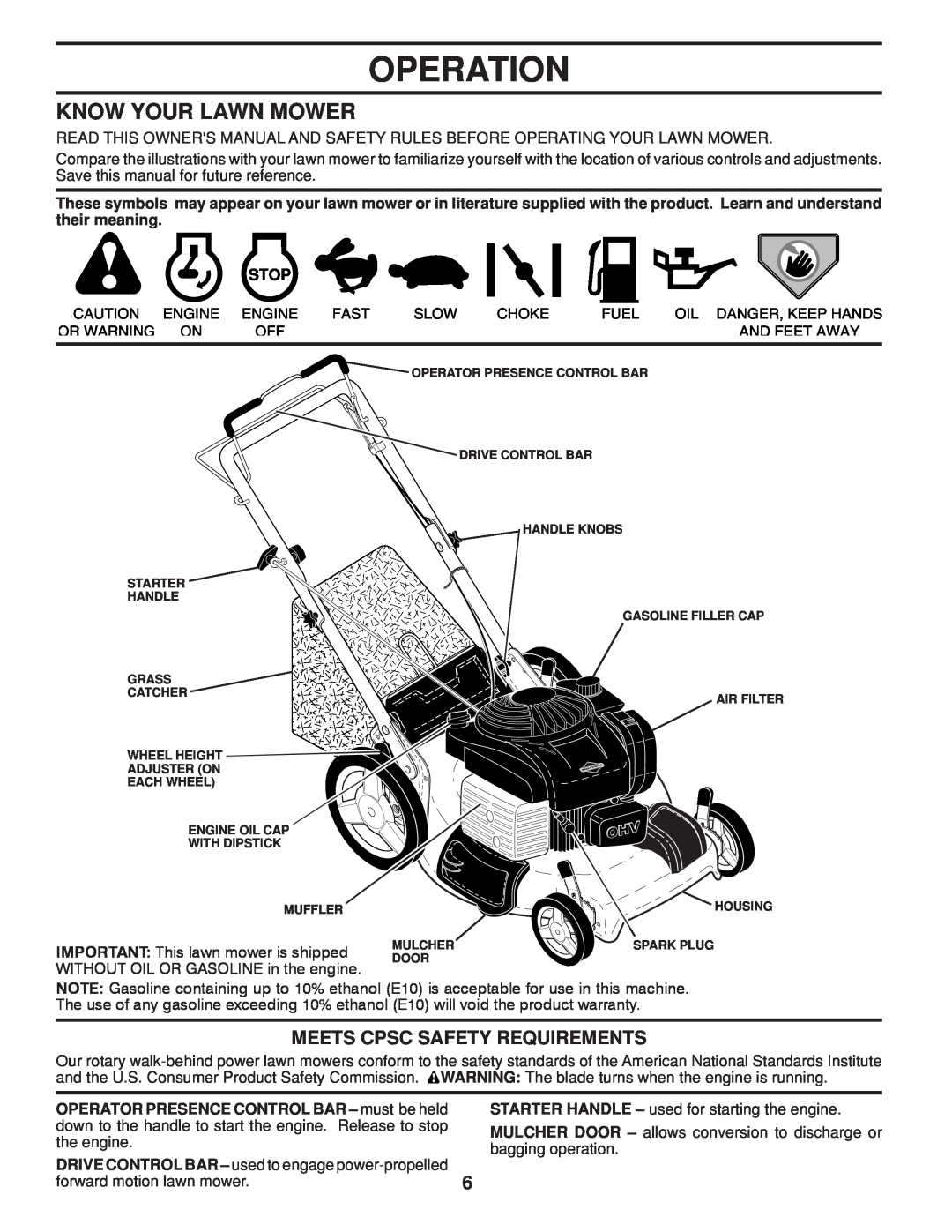 Husqvarna 961430096 Operation, Know Your Lawn Mower, Meets Cpsc Safety Requirements, IMPORTANT This lawn mower is shipped 