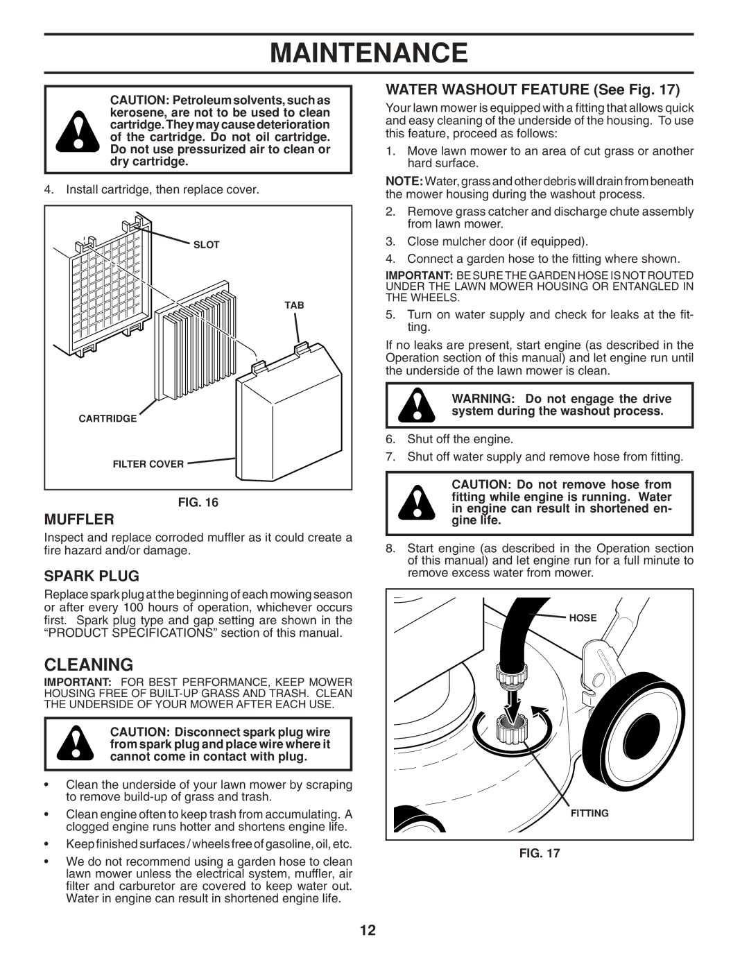 Husqvarna 961430097 manual Cleaning, Muffler, Spark Plug, Water Washout Feature See Fig 