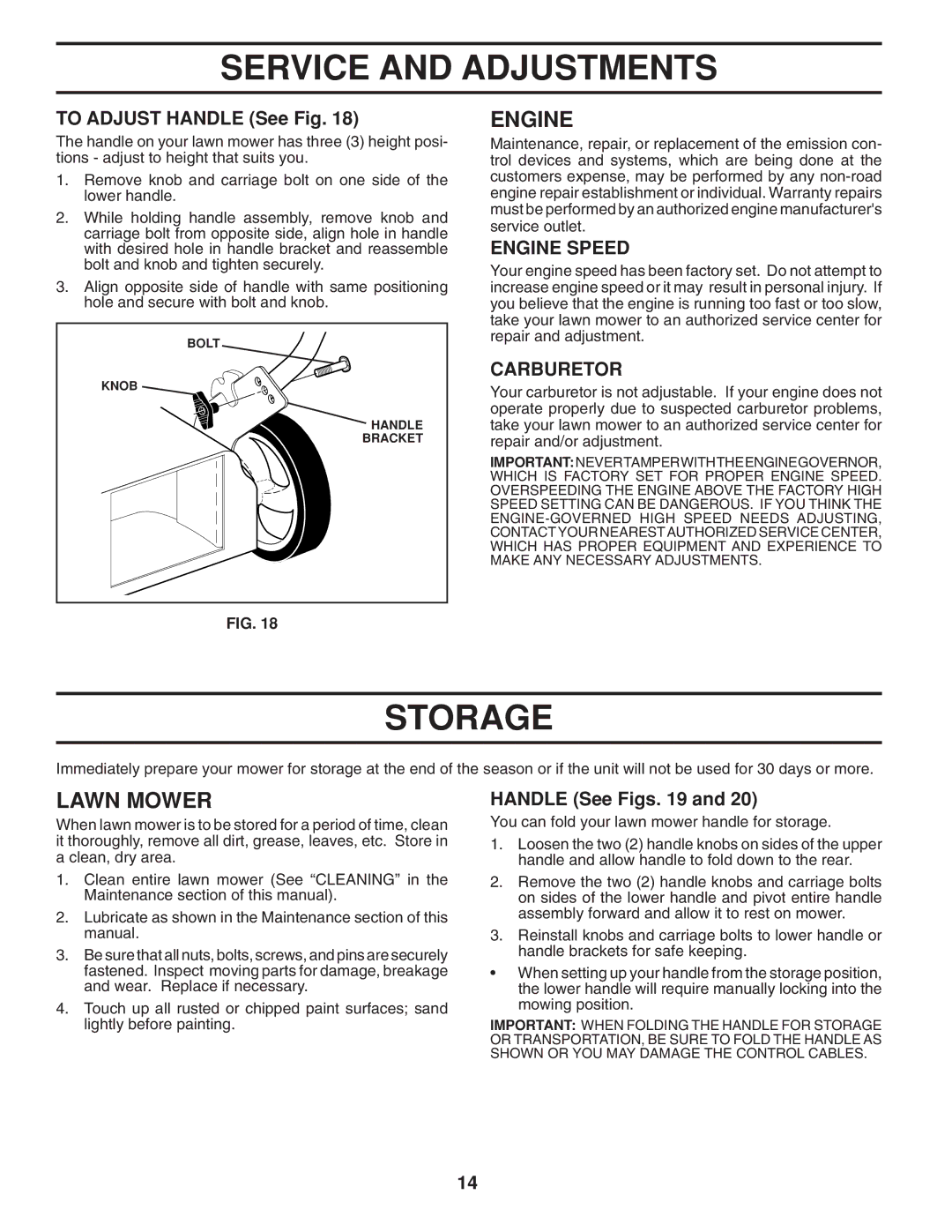 Husqvarna 961430097 manual Storage, To Adjust Handle See Fig, Carburetor, Handle See Figs 