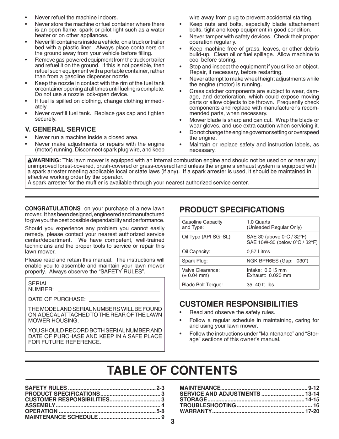 Husqvarna 961430097 manual Table of Contents 