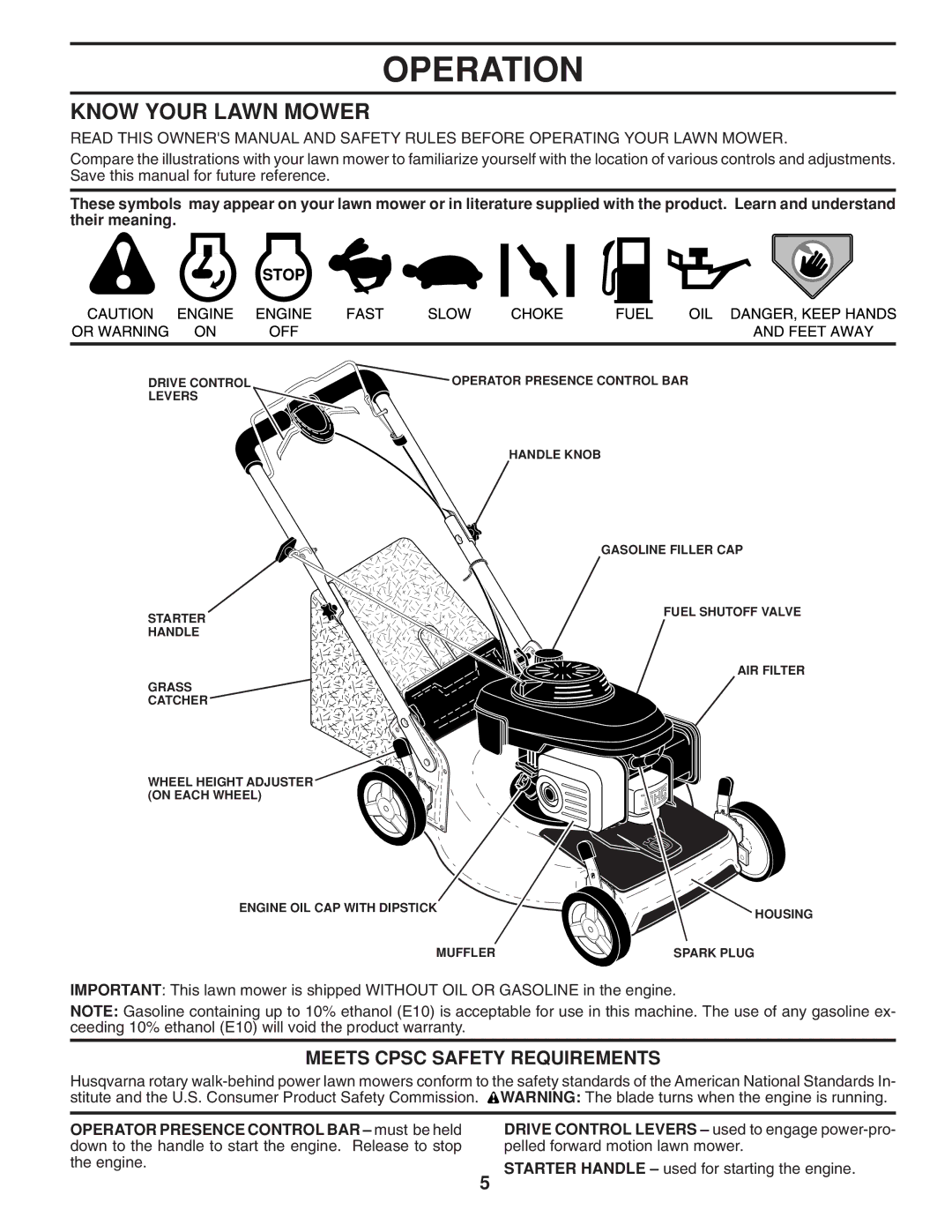 Husqvarna 961430097 manual Operation, Know Your Lawn Mower, Meets Cpsc Safety Requirements 