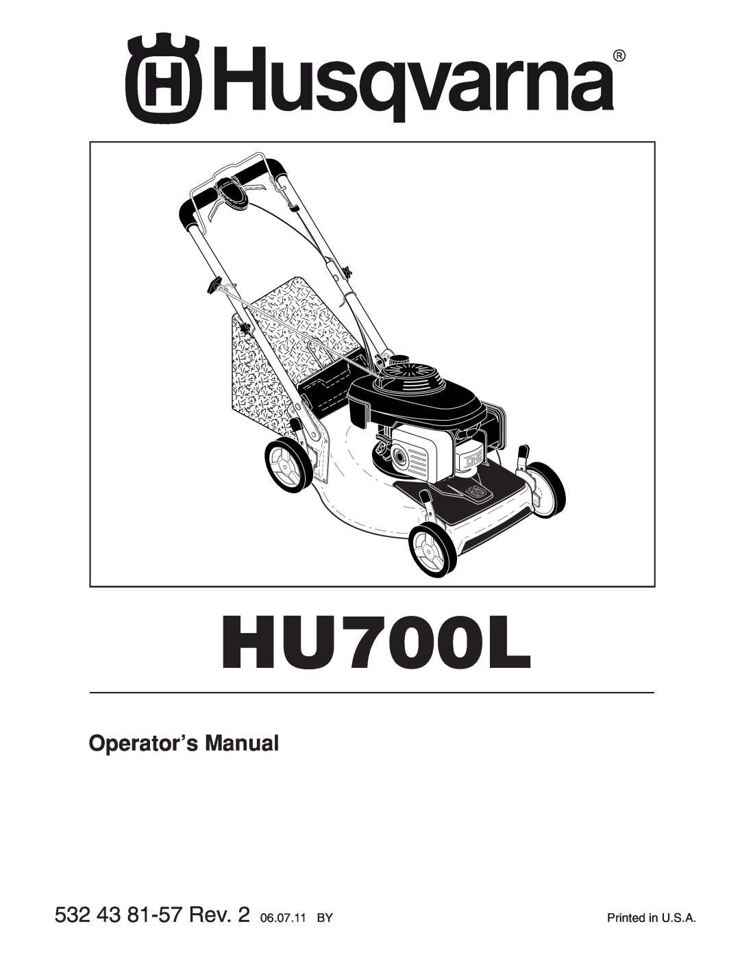 Husqvarna 961430097 manual Operator’s Manual, HU700L, 532 43 81-57 Rev. 2 06.07.11 BY 