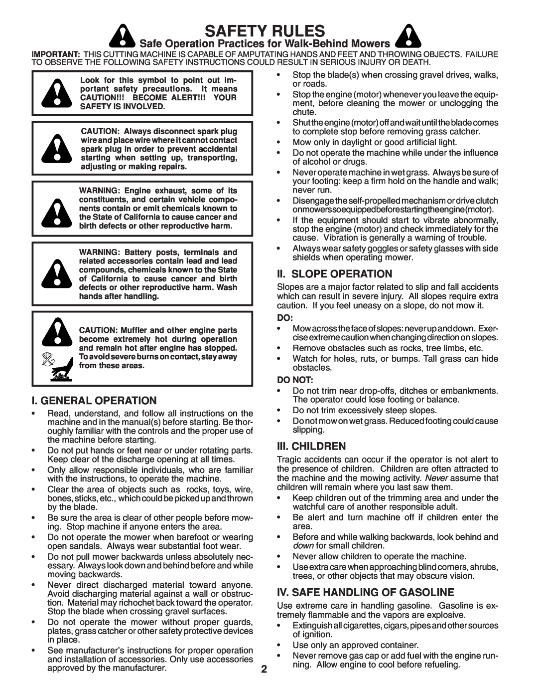 Husqvarna 961430097 Safety Rules, Safe Operation Practices for Walk-Behind Mowers, Ii. Slope Operation, Iii. Children 