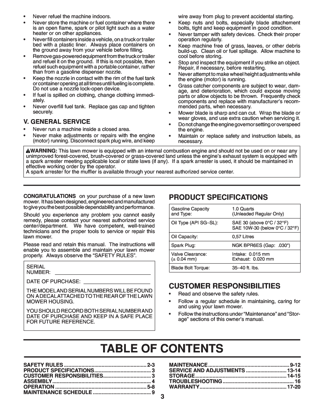 Husqvarna 961430097 manual Table Of Contents, Product Specifications, Customer Responsibilities, V. General Service 