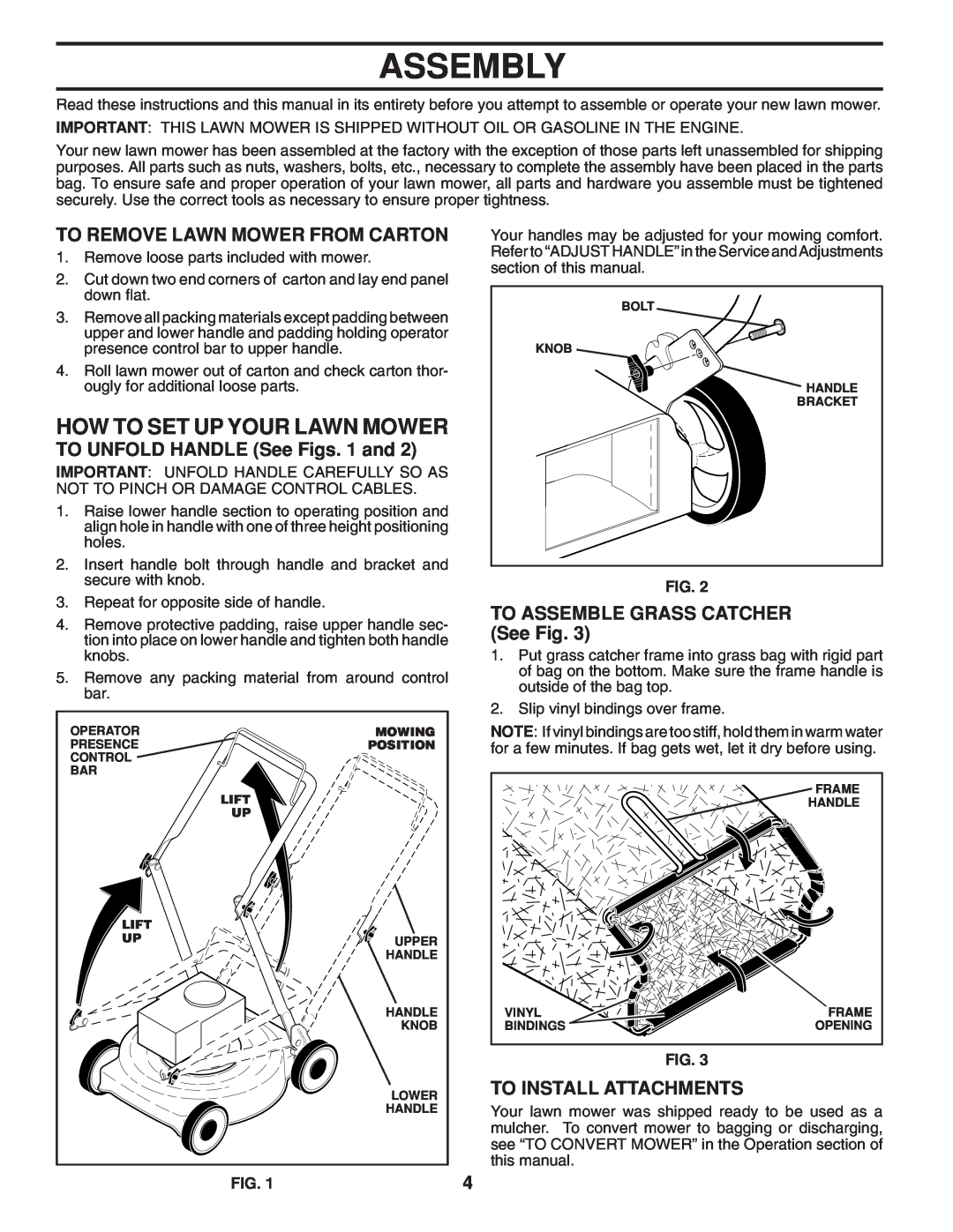 Husqvarna 961430097 Assembly, How To Set Up Your Lawn Mower, To Remove Lawn Mower From Carton, To Install Attachments 
