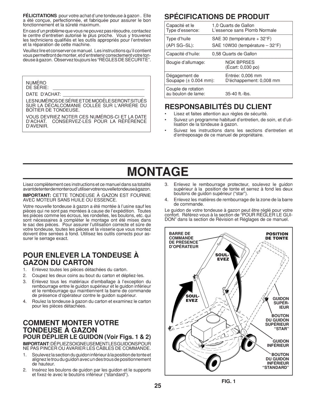 Husqvarna 961430099 Montage, Spécifications DE Produit, Responsabilités DU Client, Comment Monter Votre Tondeuse À Gazon 